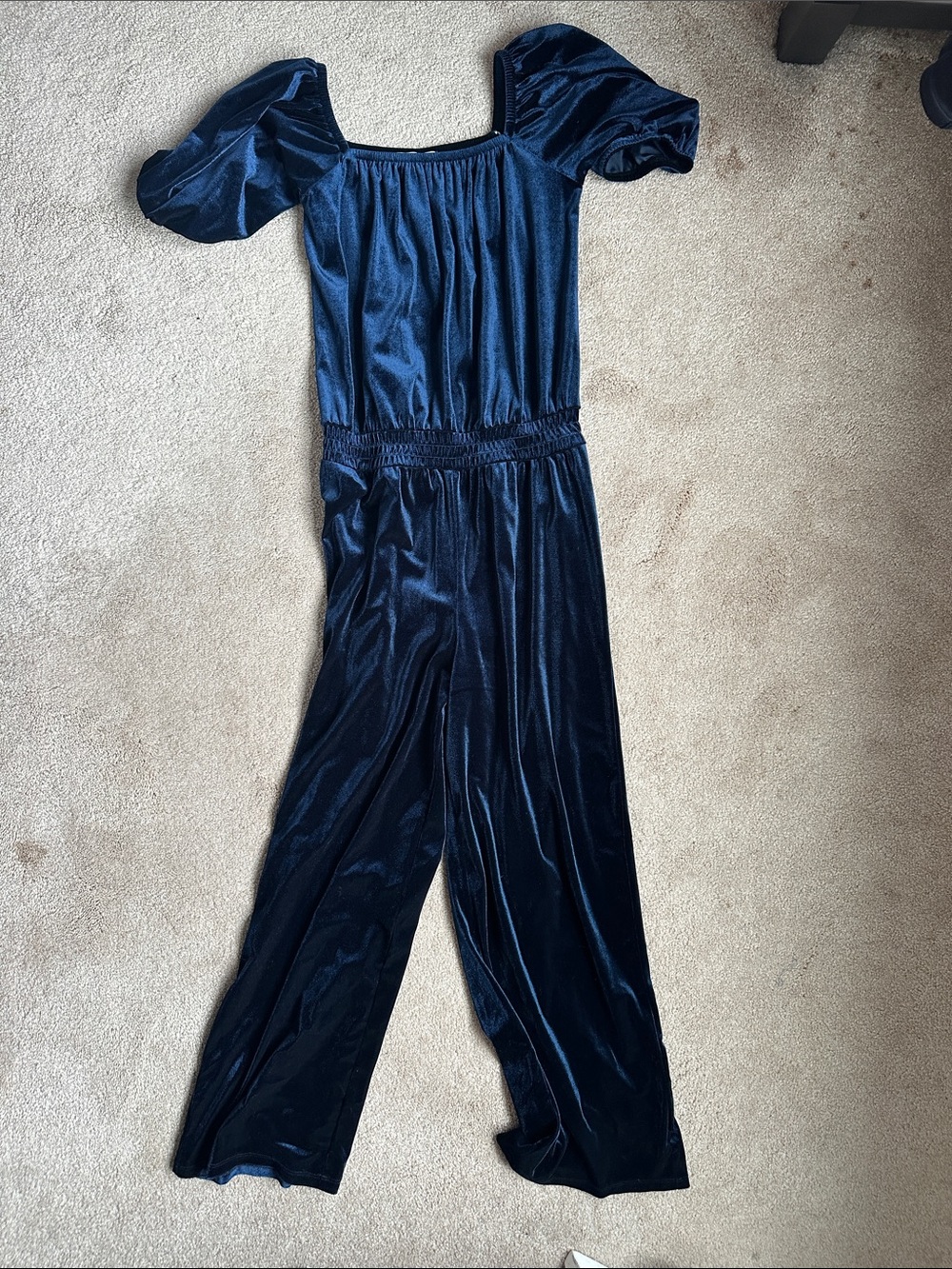 Old Navy Navy Velvet Puff-Sleeve Jumpsuit